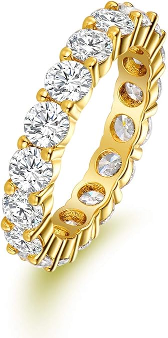 Mdfun 18k 金メッキ エメラルドカット エタニティ 結婚指輪 女性用, 真鍮, キュービックジルコニア