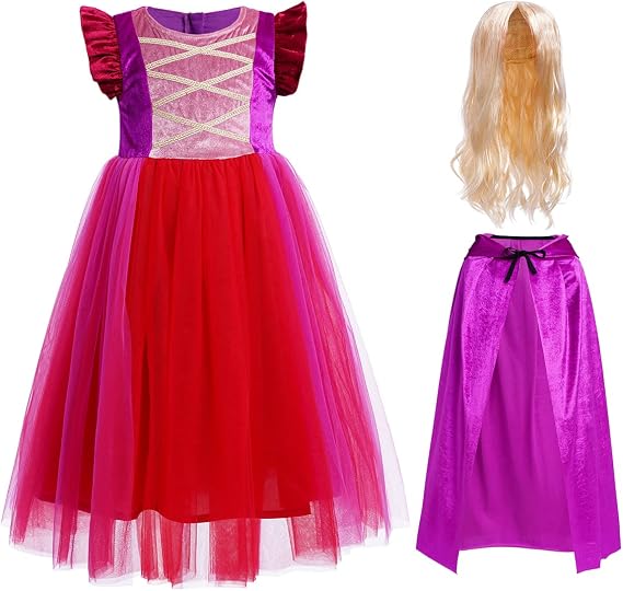 OBEEII Halloween Costume for Girls Velvet Tulle Tutu Witch Dresses with Wigs Velvet Cape 3pcs Set for Halloween Carnival