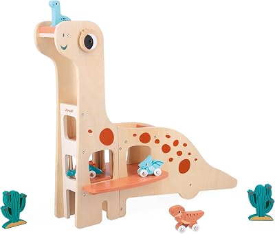Janod - Dino Wooden Dinosaur Garage - Imaginative Play - Encourages Creativity and Storytelling - Enhances Motor Skills Design, Safe for Kids - Ages 2-6 Years - J05835