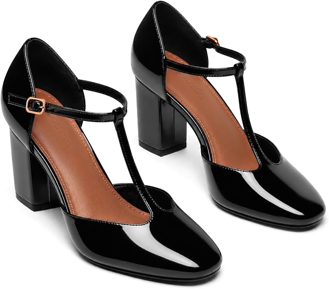 Coutgo Womens Mary Jane Chunky Heels T-Strap Square Closed Toe Pumps Ankle Strap Vintage Work Dress Shoes