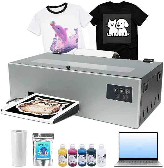 A4 DTF Printer with Laptop, DTF Transfer Printing Machine Bundles for DIY T-Shirt, with White Ink Circulation and Semi-Automatic Cleaning (Printer +Laptop+Software +Ink + Roll Film +Powder)