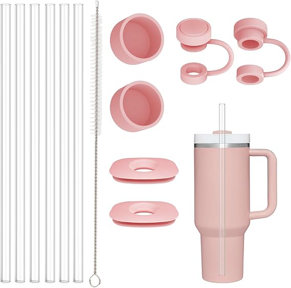 Replacement Straw Compatible with Stanley 40 oz 30 oz Tumbler, Accessories of 6 Straw Replacement with Cleaning Brush, 4 Color Leak Sproof Plug, 2 Silicone Cover Cap for Stanley
