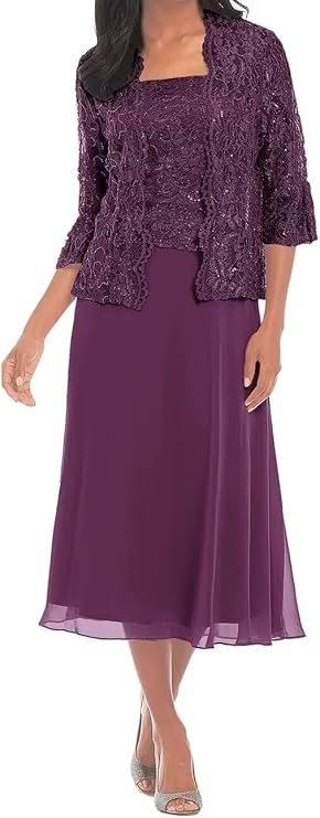 Yuxin 2 Piece Mother of The Bride Dresses for Wedding 3/4 Sleeve Lace Chiffon Mother of Groom Dress with Jacket Plum Long Formal Evening Gowns for Women Us12