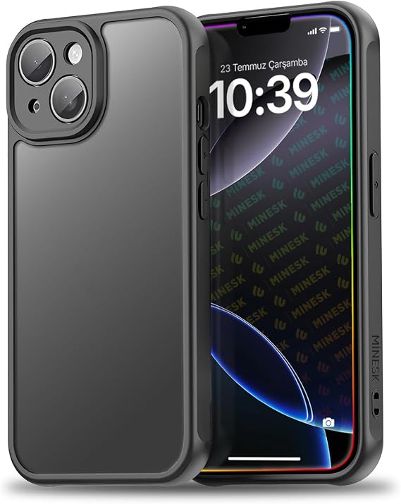 Minesk iPhone 15 için MattCover Serisi Arkası Mat Polikarbonat Kenarları Silikon ve Köşeleri Güçlendirilmiş Kamera Korumalı ince Silikon Kılıf (Düz, 15)
