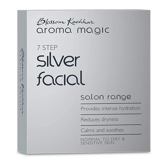 Aroma Magic Silver Facial Kit | 7 Step Facial with Cleanser, Enzyme Gel, Serum, Protein, Sheen Gel & Face Pack | Hydrates & Soothes Dry Skin | Salon-Like Glow at Home | Single Use Pack