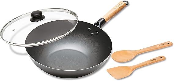 MASTERPAN Carbon Steel Wok with Glass LID Utensils, Non-Stick Flat Bottom Asian STIR-Fry COOKWARE with Wooden Handle, 12, Black