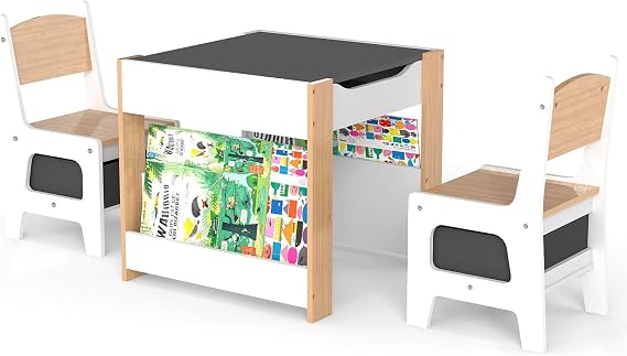 Asweets Kids Table and Chair Set, 4 in 1 Toddler Desk with Storage Drawer | Wooden Activity Table for 2 in 1 Detachable Tabletop,Bookshelf,Suitable for Classroom,Home,Nursery,Playroom (Ivory White)