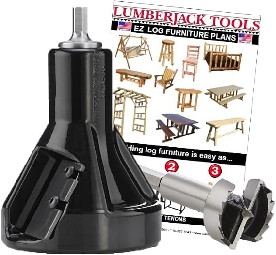 Lumberjack Tools Tenon Cutter Kit for Log Furniture, 1.5" Cutter & Forstner Bit, Commercial Series Powder Coated Aluminum, 1/2" Shank, Dual Blades Creates Tapered Shoulder Profile, Made in USA