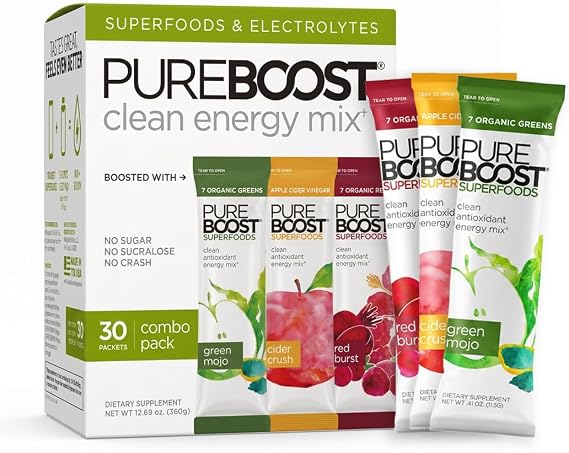 Pureboost Sugar-Free Superfoods Clean Energy Drink Mix, Combo Pack 30ct