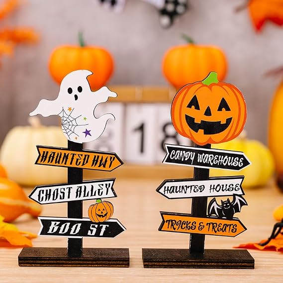 2Pcs Wooden Halloween Centerpiece Signs, Halloween Wooden Table Signs, Pumpkin and Ghost Table Decorations, Centerpiece Decorations for Indoor Outdoor Party Home Decor