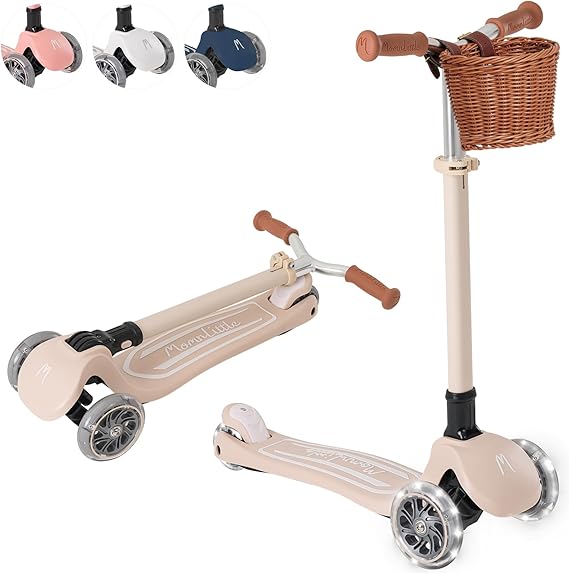 MomnLittle 3 Wheel Toddler Scooter for Kids Ages 3-10, Foldable Scooter with LED Light-Up Wheels, Lean-to-Steer Design, Mini Basket & 4 Adjustable Heights, Scooter for Boys and Girls