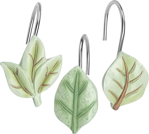 MitoVilla Plant Leaves Decorative Shower Curtain Hooks, Green Tropical Botanical Shower Hooks for Tree Leaf Shower Curtain & Liner, Rust Proof Eucalyptus Shower Curtain Rings, 12 PCS