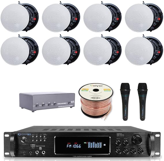 Vaiyer Home Audio System Kit - 7.2 Channel 1500W Bluetooth Amplifier w/ 8 Qty of 8" Frameless Ceiling Speakers 300 W Each, 4-Ch Speaker Selector, 2 Qty of Mic, 250 ft Speaker Wire & Remote