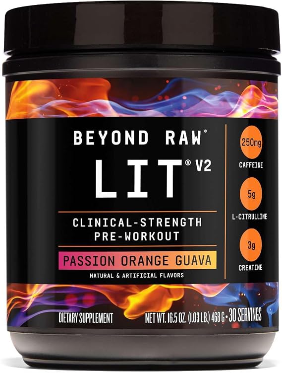 BEYOND RAW GNC LIT V2 Pre Workout Powder, Passion Orange Guava, 30 Servings