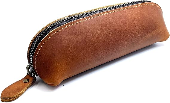 Pen Pouch Pencil Bag Black Leather Pencil Holder Small Portable Zipper Case for Fountain Pen Markers Makeups Change Coins,Gift for Adults Mens Womens (Brown)