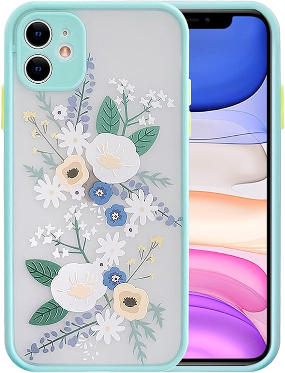 Ownest Compatible for iPhone 11 Case for Flower Clear Frosted PC Back Floral Girls Woman and Soft TPU Protective Silicone Slim Case for iPhone 11-Blue