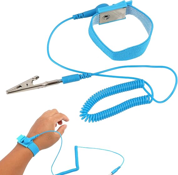 Anti-Static Metal Adjustable Wrist Strap for ESD Discharge, Static Grounding Clamp, Prevents Static Electricity Build-Up, 1.8M Cord Length, Stainless Steel, for Electronics Handling (Blue)