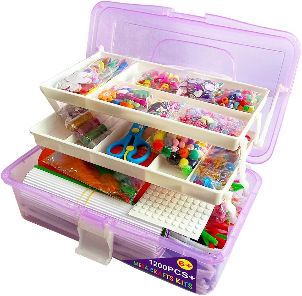 MOVEBO Mega Kids Crafts and Art Supplies case Kit - 1200 Piece Set - Make Bracelets and Necklaces - Plus Glitter Glue, Construction Paper, Colored Popsicle Sticks, Google Eyes, Pipe Cleaners