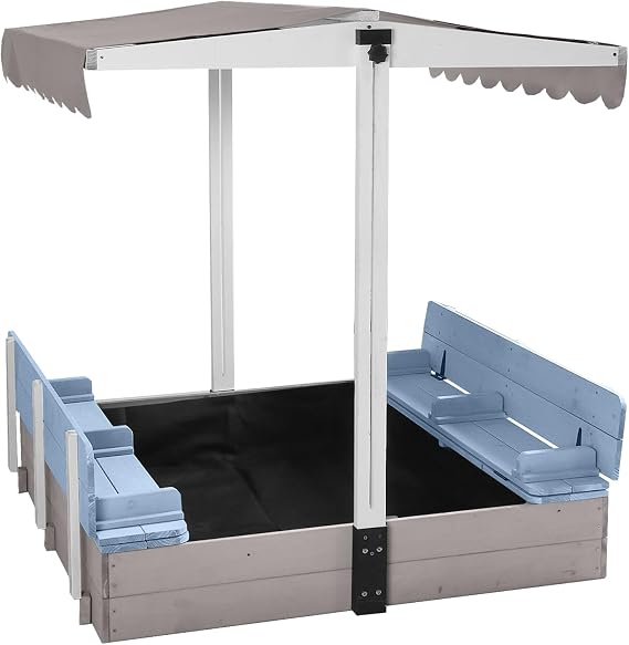 Wooden Sandbox for Kids with Adjustable Canopy and 2 Foldable Seats, Outdoor Sand Box with Lid, Brown