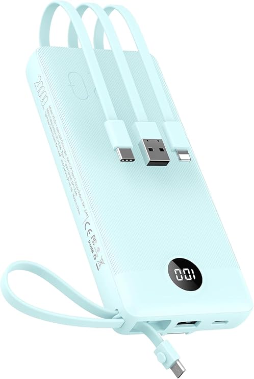 VEEKTOMX 20000mAh Portable Charger with Built-in USB-C & iPhone Cables