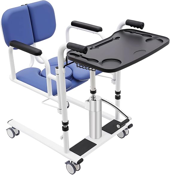 Hydraulic Patient Lift Transfer Chair for Home, Transfer Nursing Chair, 180 Backrest, 4 Lockable Universal Wheels, 16.14-25.6in Hydraulic Lifting Height for Elderly Disabled (Blue)