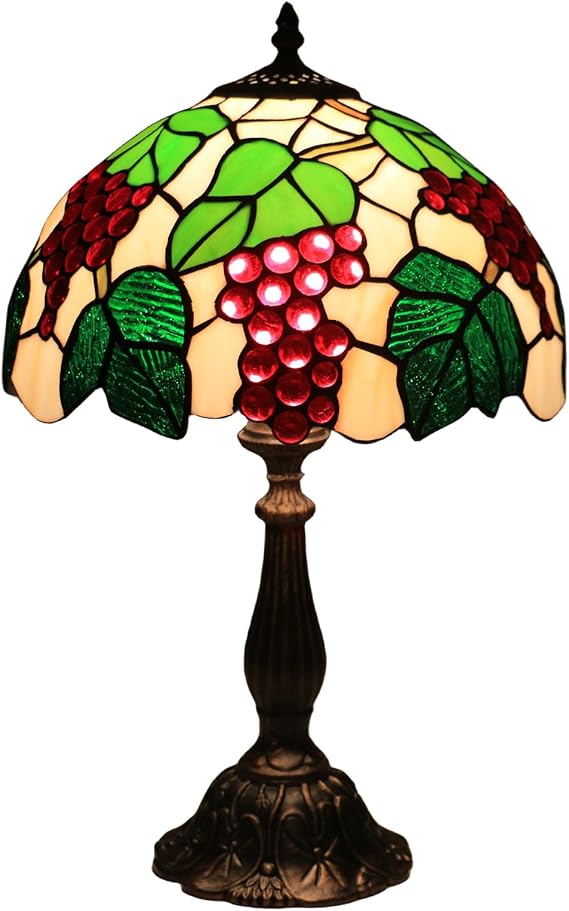 Tiffany Table Lamp 12 Inch Retro Lamp Vintage Bedside Lamp Decorative Table Lamp Handcraft Colourful Glass Lampshade Grape Pattern with E27 LED Bulb for Bedroom Living Room Office [Energy Class E]