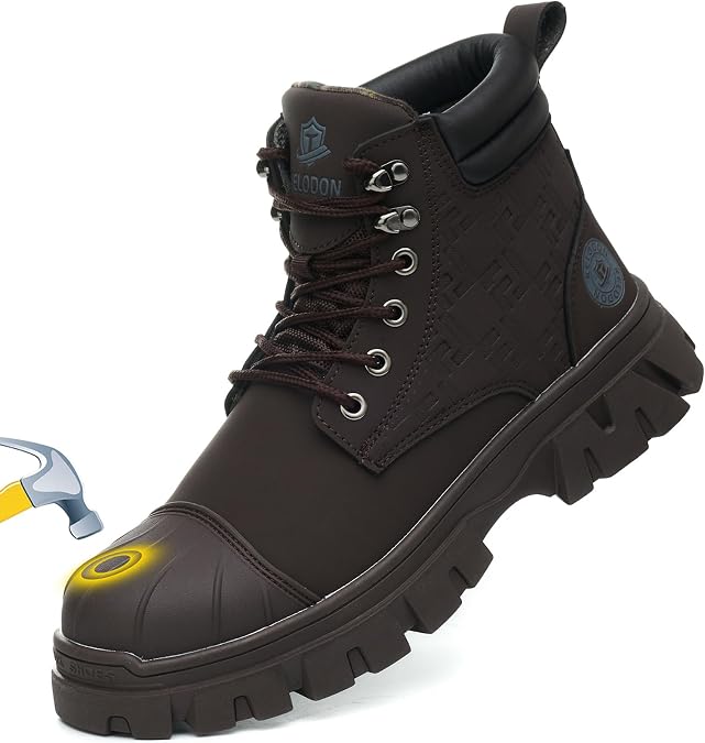 KELODON Waterproof Steel Toe Boots For Men 6 Inch Leather Steel Toe Shoes Non Slip Resistant Safety Work Boots Indestructible Lightweight Construction Boot