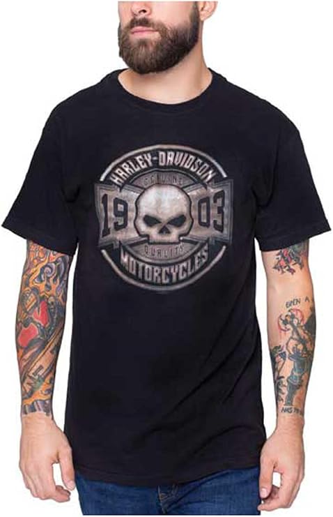 Harley-Davidson Men's Rust Chrome Skull Short Sleeve Crew-Neck T-Shirt - Black