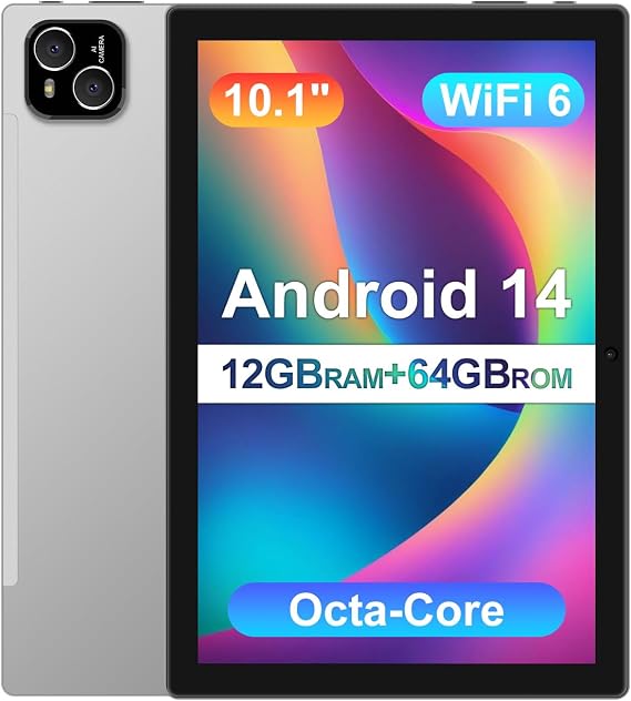 Tablet 10 inch Android Tablet with Octa Core Processor 12GB RAM 128GB ROM 1TB Expandable 1280x800 IPS Touchscreen, 6000mAh Battery, WiFi 6, BT 5.4, Dual Camera (Sliver)