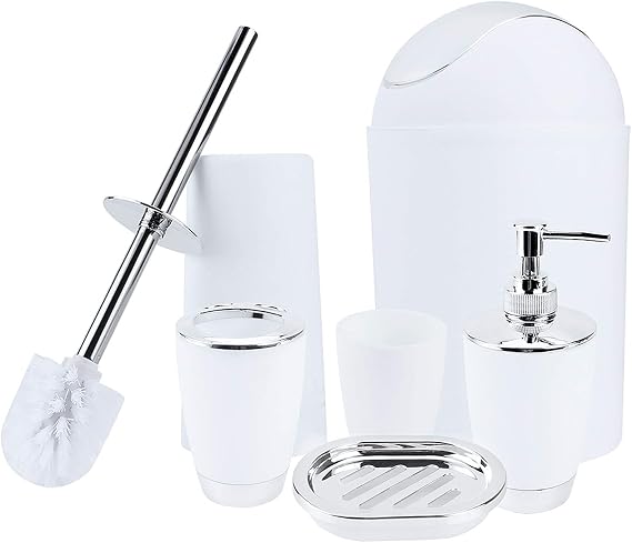 Cocoarm 6 Piece Bathroom Accessory Set, White Bathroom Sets Bathroom Trash Can Set Plastic Cup, Toothbrush Holder, Holder, Lotion Bottles, Bins, Toilet Brush Bathroom Set (White)