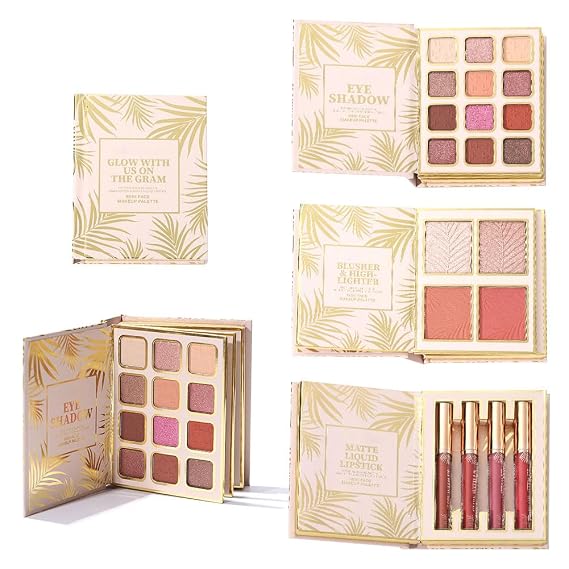 Foldable All in One Makeup Palette,20 Color Book Syles Makeup Palette Set with 12 Color Eyeshadow,4-color Highlighter & Blush and 4 Colors Lipstick,All-in-One Face Highlighter Pallet