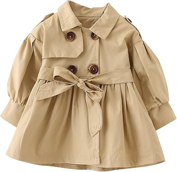 Evelin LEE Baby Girls Trench Coat Jacket Dress with Belt Ruffle Waist Windbreaker Outwear
