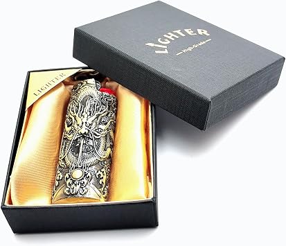 Gift for Men Him Her Husband Dad Metal Vintage Dragon and Bead Double Sided Engraving Pattern Design Lighter Pouch Case Cover Holder Sleeve for BIC Full Size Classic Lighter J6