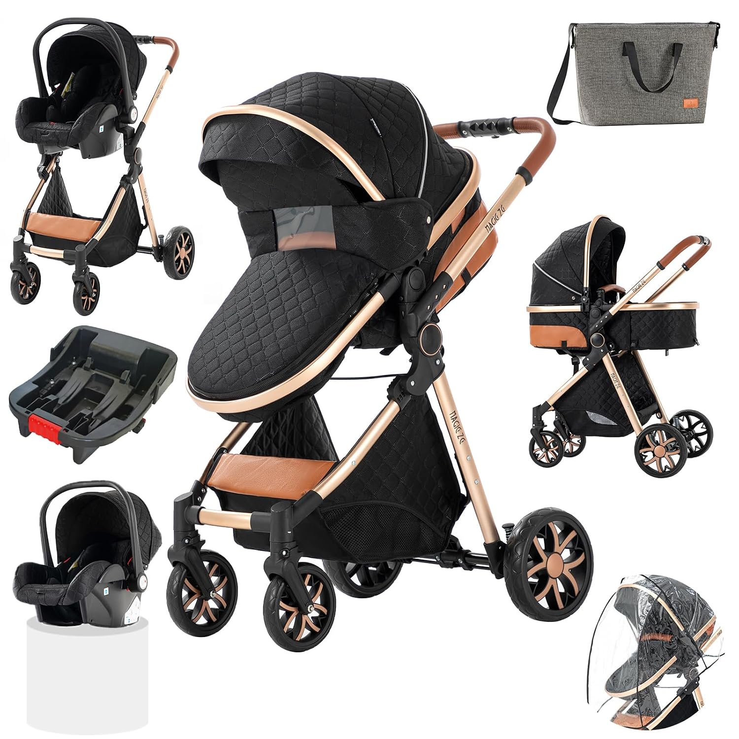 3 in 1 Baby Travel System Baby Pram Standard Baby Stroller Baby Travel Carriage Portable Folding Baby Prams Aluminium Frame High Landscape Car for Newborn V9UD Black-65
