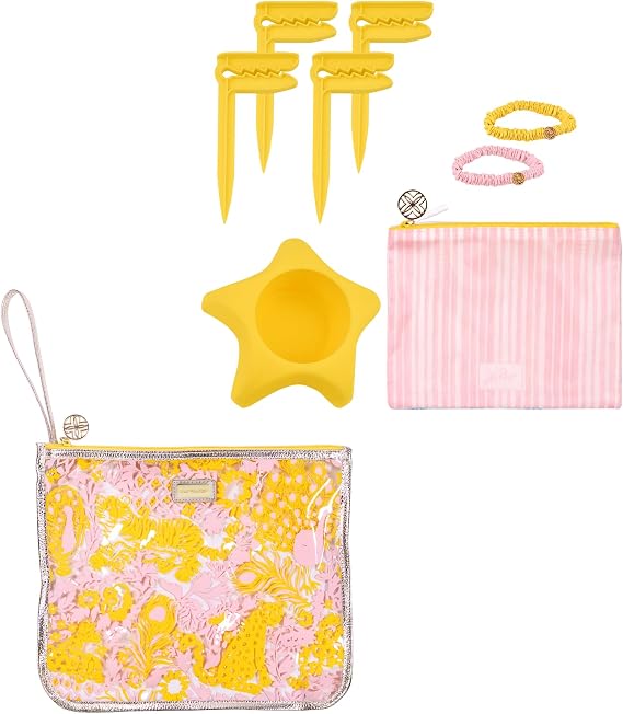 Lilly Pulitzer Water Resistant Vinyl Beach Essentials Paradise Pouch, Zipper Bag Includes 2 Scrunchies, Drink Holder & Towel Stakes (Royal Zoo)