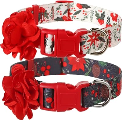 Christmas Dog Collars with Removable Red Flower, Small Dog Collar for Female Dogs