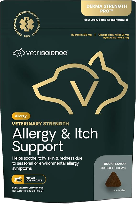VetriScience Veterinary Strength Allergy & Itch Support, Duck, 60 Chews | Seasonal Allergy Support Supplement for Pets, Pet Skin Sensitivity Support, Cats & Dogs