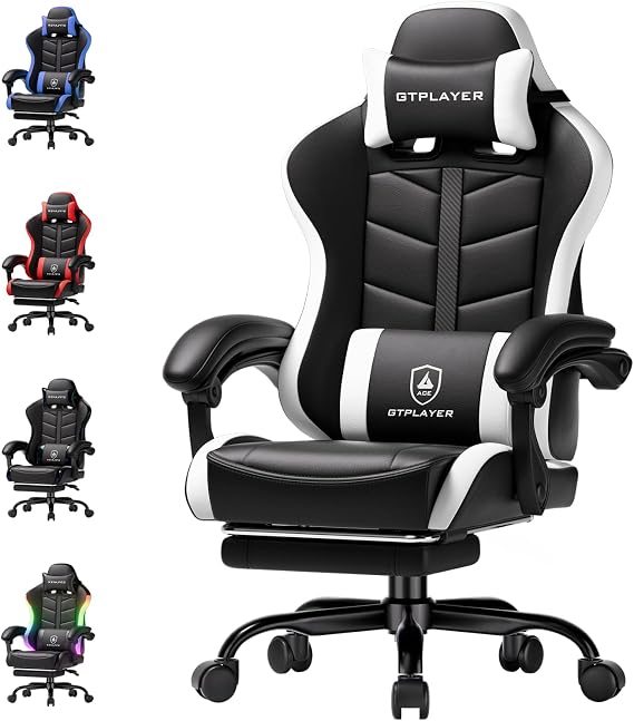 GTPLAYER Gaming Computer Chair, Reclining with Footrest & Lumbar Support | Ergonomic Video Game Chair with 90-155 Recline, Headrest & Padded Seat for All-Day Comfort in Gaming & Office, Black & White