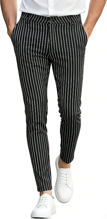 GINGTTO Mens Dress Pants Slim Fit Stretch Pinstripe Casual | Chino Slacks, Vintage Style, Vertical Stripes for Slim Visual, Perfect for Dailywear, Business, Party, Travel