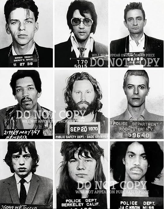 Famous Music Mugshot Photograph - Marvelous Mug Shot Collage - Photo Poster Print, Black, White, 11x14 Inches