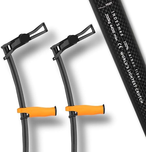 Pair of 100% Carbon Fiber Forearm Crutches, World's Lightest (Orange, M) | Adjustable Handle, Anti-Loss Articulated Cuff, Anti-Tendinitis Ergonomic Grip, Patented Design, Supports 440 lb | INDESmed