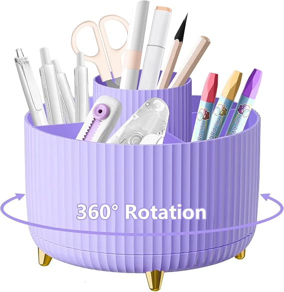 Desk Organiser, 360°Rotating Pen Holder Pen Pot, Makeup Brush Holder with 5 Compartments, Desktop Storage Stationery Supplies Organizer, Pencil Holders for Desk Tidy Home Office School (Purple)
