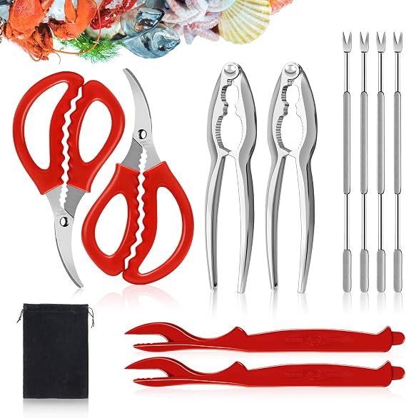 CasaCulina 10 Pcs Seafood Tools Set Includes Crab Lobster Crackers, Stainless Steel Crab Forks/Picks, Lobster Shellers and Seafood Scissors, Nut Cracker Set for Crab Leg Crackers Tool