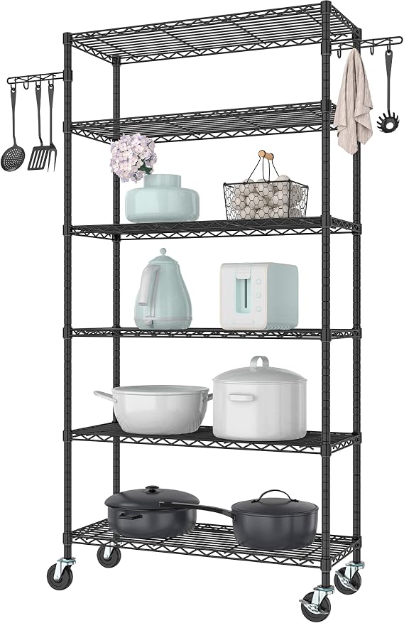 Folews 6-Tier Metal Storage Shelf with Wheels NSF Wire Shelving Unit, Black | Adjustable Storage Rack for Kitchen Garage Pantry Laundry Room, 36" W x 14" D x 75" H Rolling Shelf Organizer, Easy Assembly