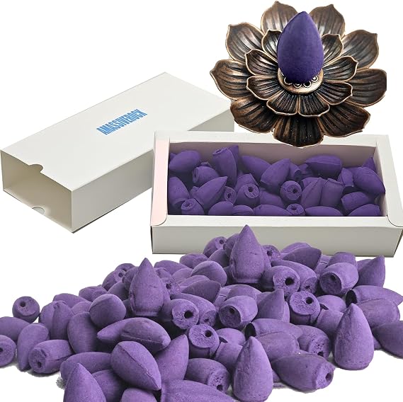 Lavender Incense Cones (50 Cones) with Backflow Incense Cones Holder Natural Meditation Lavender Rose Citronella Incense Cone Yoga Relaxing Home Decor Aromatherapy Fragrance
