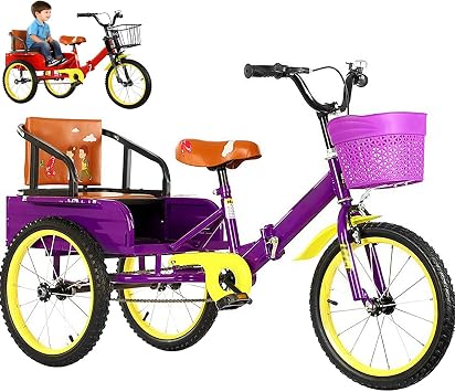 Purple,16in,Foldable Kids Tricycle with Passenger Seat & Cargo Basket-Dual Seat Children's Bike W/Shock Absorption, Anti-Slip Tires & Carbon Steel Frame - Lightweight Toddler Trike for Boys & Girls