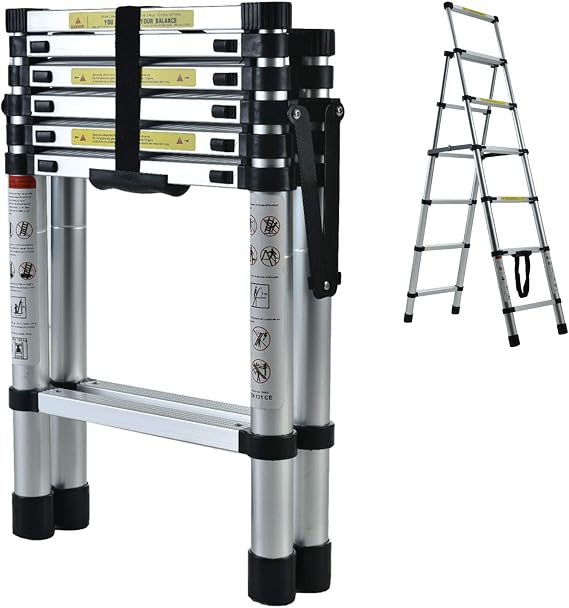 Telescoping Ladder A-Frame Step Ladder 5+6, 5.34ft Heavy Duty Portable Aluminum Folding Extension Ladder with Handgrip Wide Step Platform 330lbs Max Load Capacity Safety Lock for Home DIY