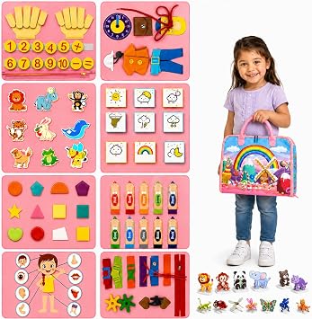 Solens Busy Book for Toddlers, Montessori Busy Board with 25+ Activities on 8 Pages and 3D Assorted Puzzles, Felt Activity Book with Numbers, Colors, Daily Life and Fine Motor Learning, Pink