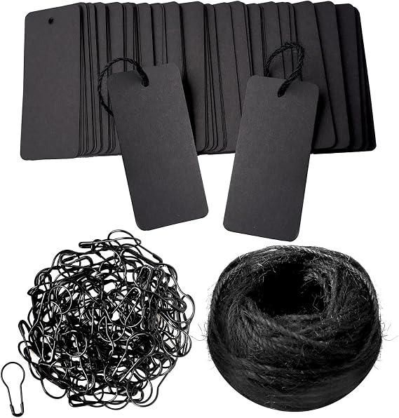 100 pcs Gift Tags with String 3.6x1.6 Black Price Tags | Name Tags with Safety Pins for Gift Bags Label Clothes Crafts