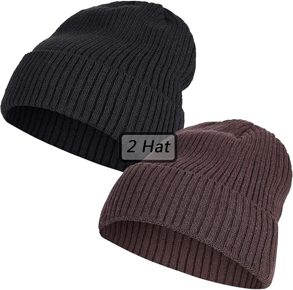 2 Pack Fleece Lined Slouchy Stocking Winter Warm Beanie Men Women Soft Knit Thermal Cuffed Skull Cap Plain Hat